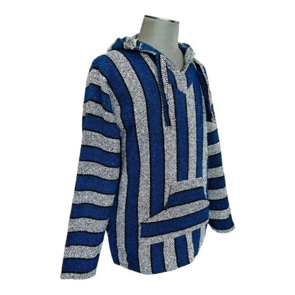 Mexican Baja Hoodie L Rainbow Rug Jumper Unisex Blue Grey Black Surf Poncho New